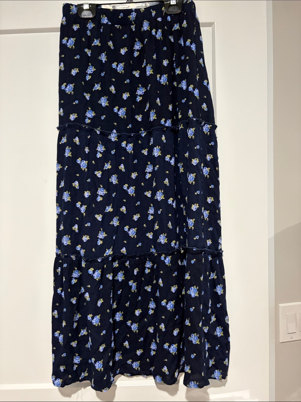 Love Tree Navy Blue Floral Tiered Maxi Skirt